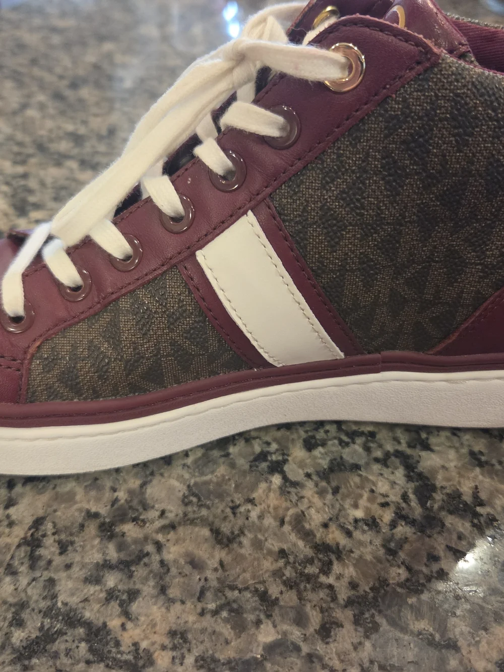 Women's High-Top Sneakers in Burgundy and Brown with Gold Stud Detail